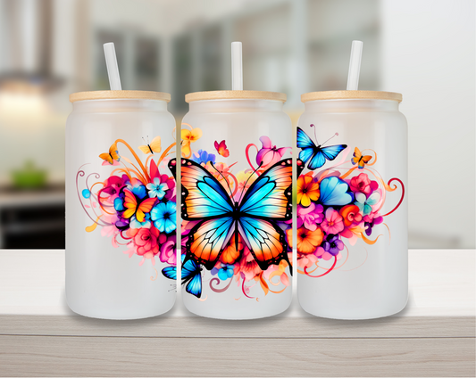 Watercolour Butterflies 16oz Glass Can Cup