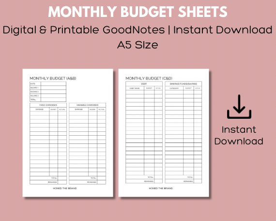 Digital A5 Monthly Budget Tracker